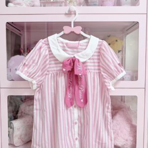 Kawaii Pink Stripe Bow Blouse – Sweet Preppy Collar Top